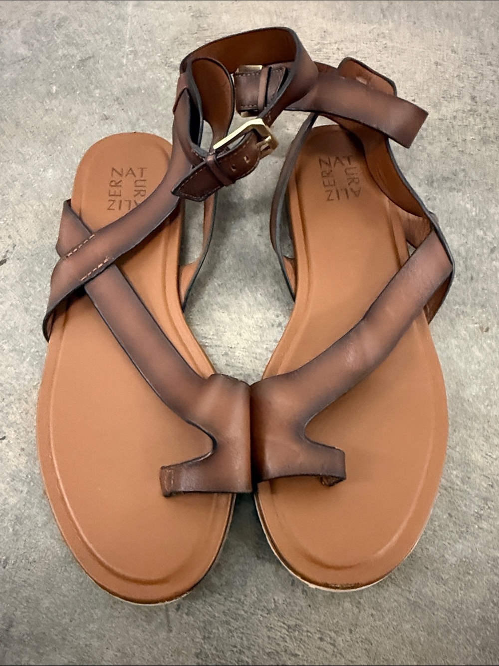 Naturalizer Brown Strappy Leather T-Strap Sandals